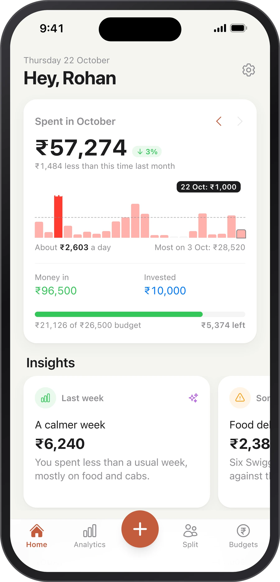 Home screen with this month's spending and weekly insight cards