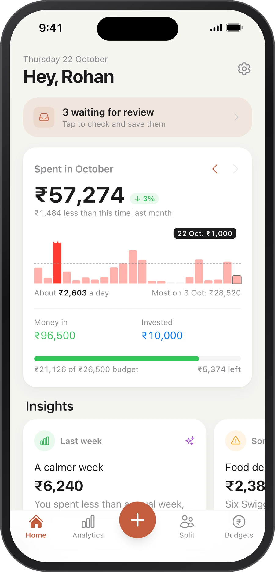 Home screen showing 3 bank messages waiting for review